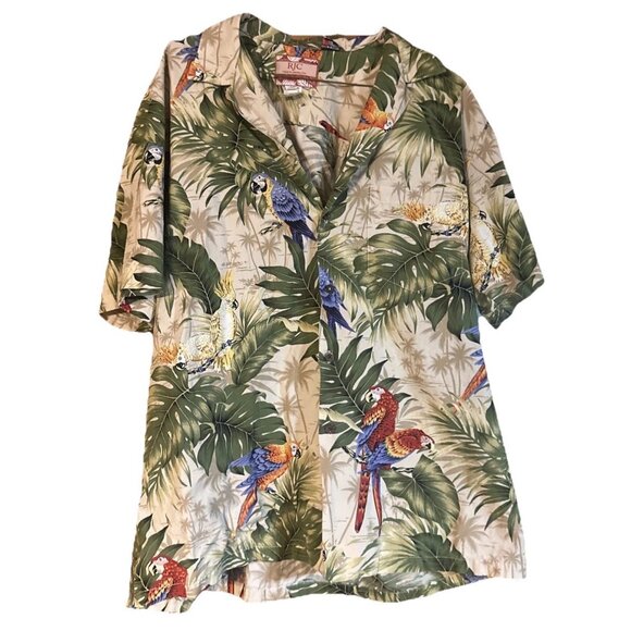 RJC Button Up Shirt Mens XL Beige Short Sleeve Hawaiian Floral Aloha Collared - Picture 1 of 5